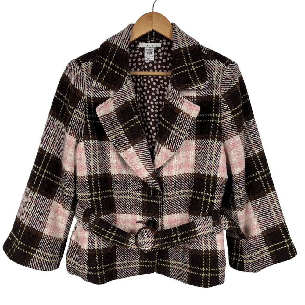Cabi Wool Blend Plaid Womens Belted Blazer Size 14